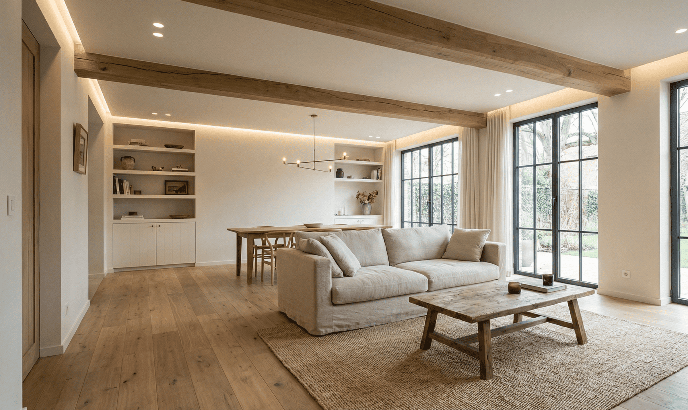 Lichte, vernieuwde leefruimte na renovatie: neutrale kleuren, warme verlichting en tijdloze afwerking